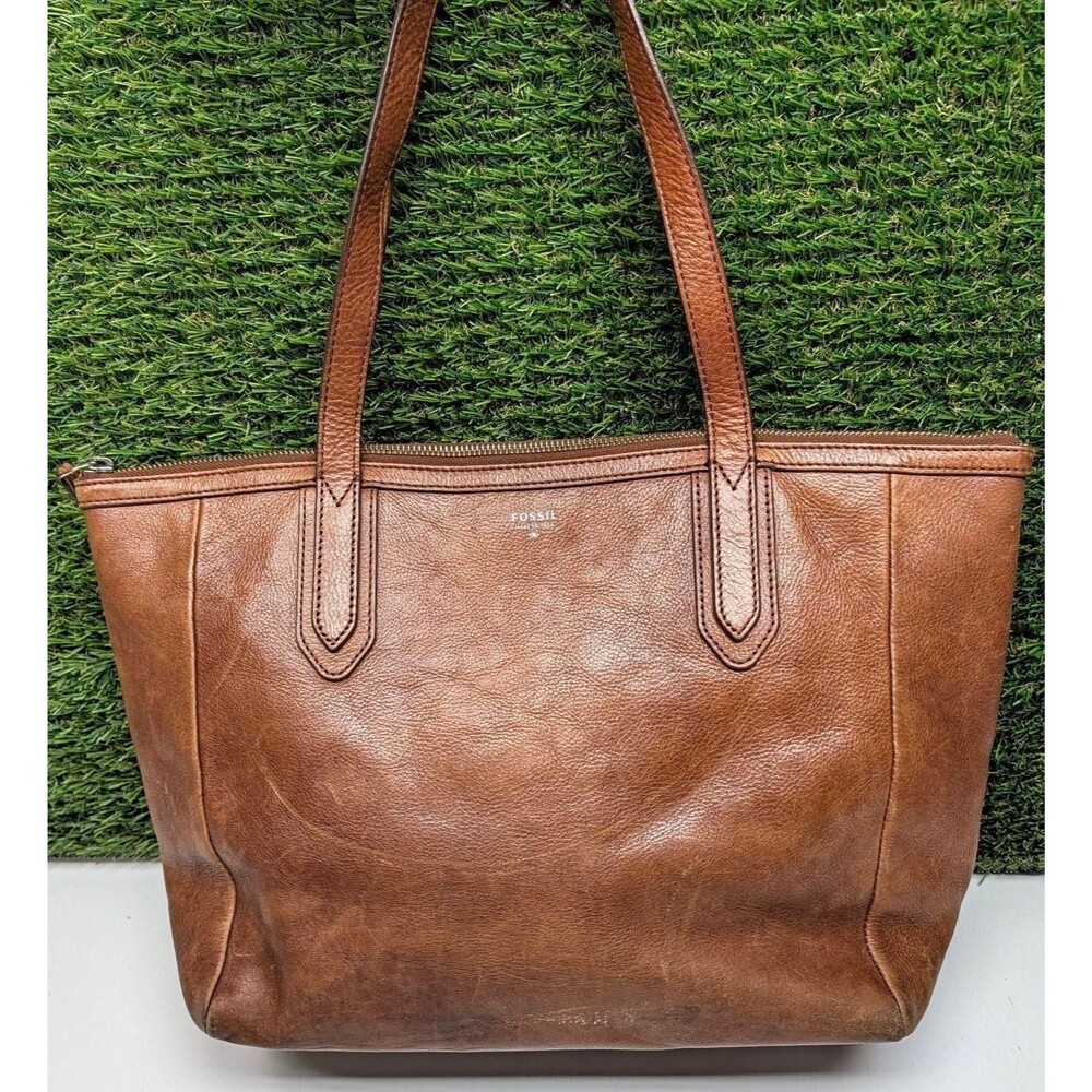 Fossil Brown Leather Tote Shoulder Bag Zip Top Cognac